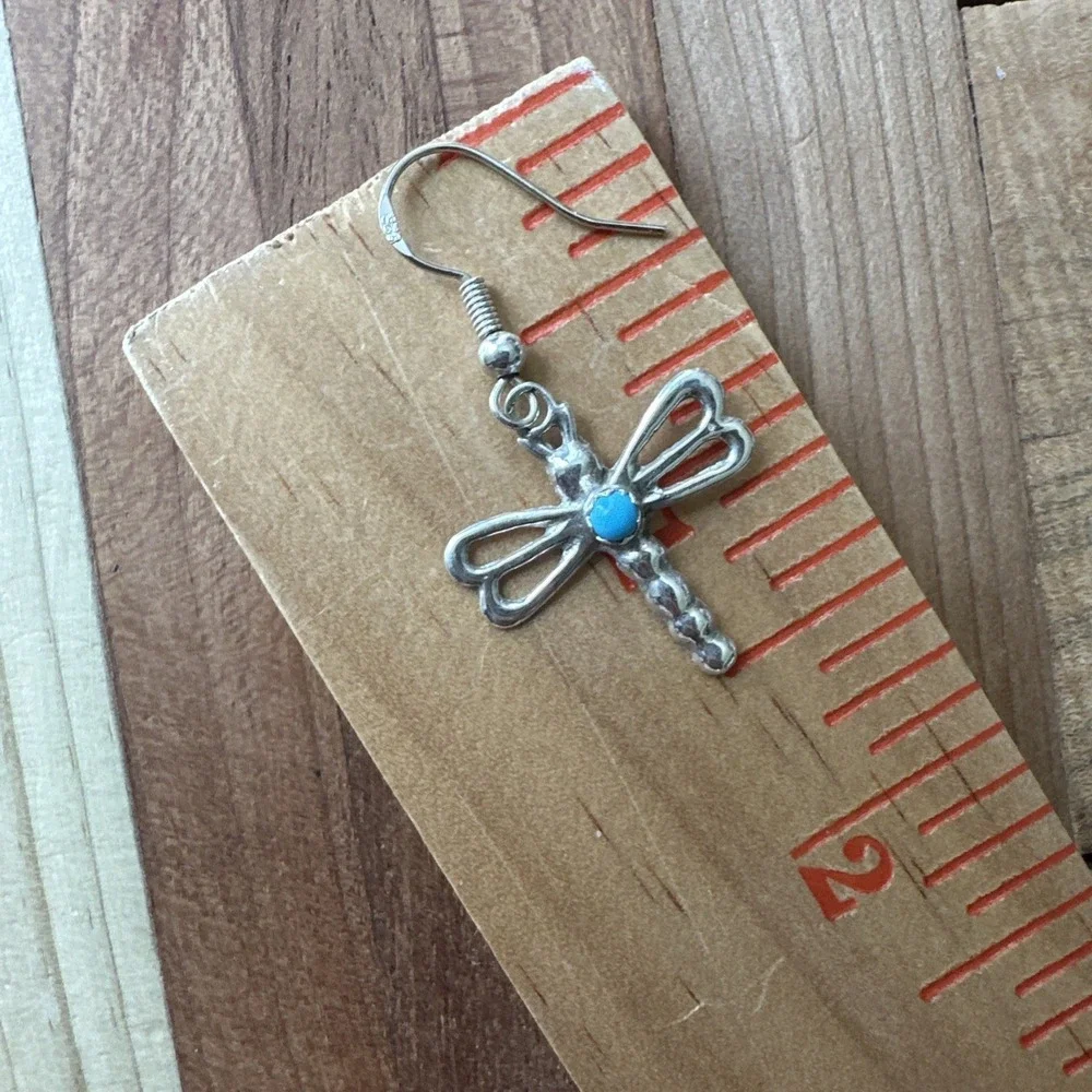 VTG Native‎ American Dragonfly Earrings 1.5 Inch Turquoise 925 Sterling 2.5g New